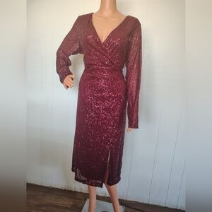 PREMIER AMOUR Sequin Wrap Dress in Deep Red Size 16